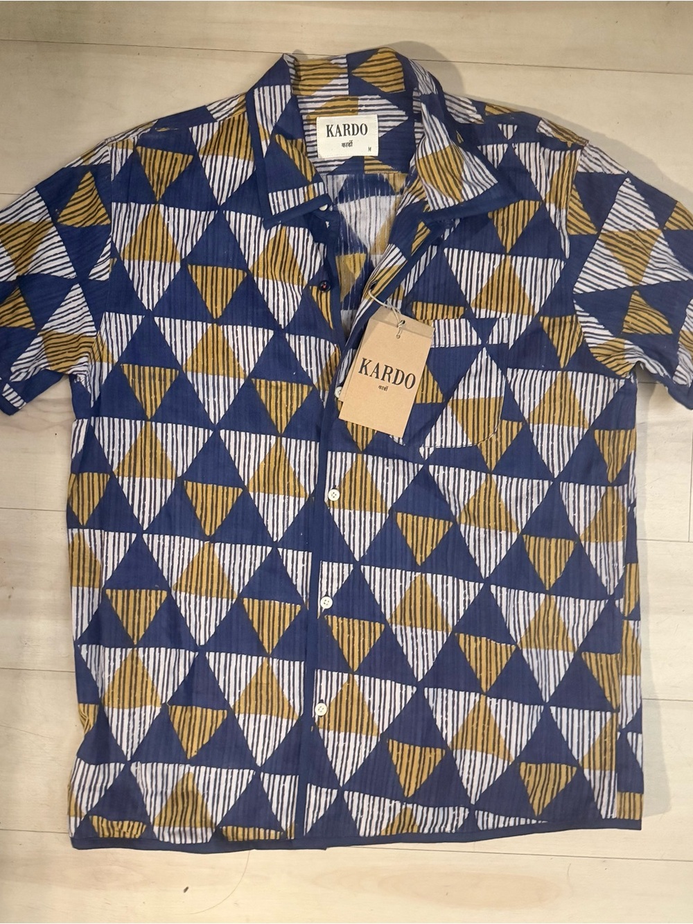 KARDO Men's Short-Sleeve CHINTAN Button-Up Shirt in Blue and Mustard Block Print